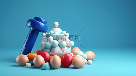减肥,背景图片_充满活力的蓝色背景，带有 3D 渲染的沙拉牛奶鸡蛋哑铃和运动绳，中间有一堆彩色球