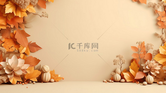 黄叶背景图片_3D 渲染秋季横幅设计，具有充足的复制空间