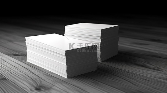 黑色木桌上显示的白色名片堆 3D 渲染模型