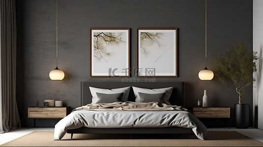 家具背景图片_时尚的框架模型增强了黑暗卧室 3D 渲染的现代氛围