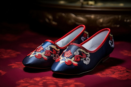 婚鞋背景图片_中国传统红蓝刺绣丝绸花边婚鞋