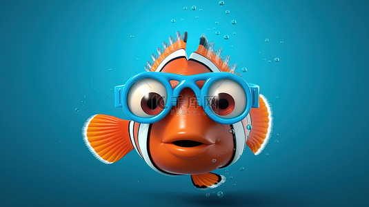 阳光明媚的卡通小丑鱼在红海摇摆太阳镜蓝色背景 3d 渲染