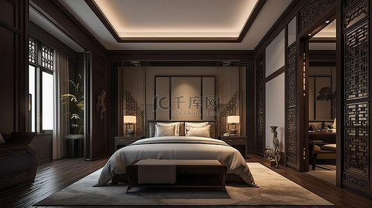 现代中式卧室套房，配有 3D 豪华酒店风格的衣柜