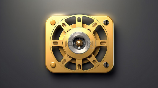 金色卷轴录音机图标的 3D 渲染，带有灰色圆形按键按钮和时尚的 ui ux 界面元素