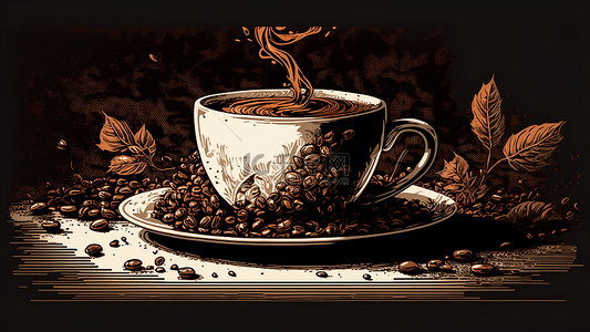 创意插画风格背景图片_咖啡白色咖啡杯复古插画风格