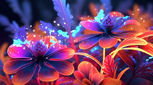 花和叶背景图片_光芒四射的花卉抽象美丽的彩色植物在 3D 渲染中打造令人惊叹的装饰和背景