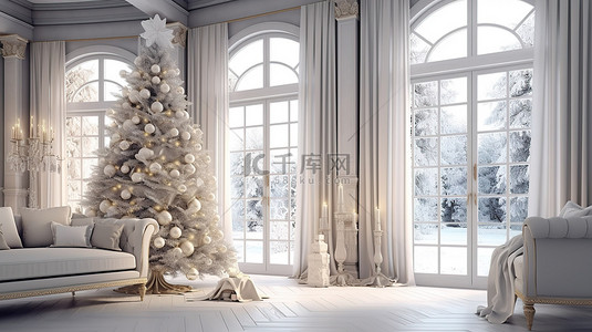 文化墙背景图片_现代室内设计装饰圣诞树的 3D 渲染在带窗户的客厅中