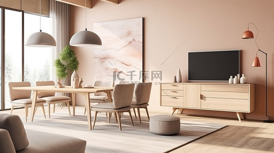 家居背景背景图片_现代米色沙发和餐桌设置在明亮的客厅内部 3D 渲染中