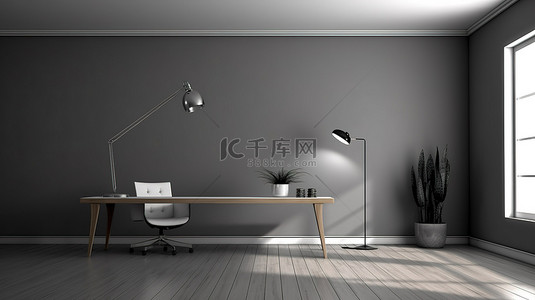 电脑icon背景图片_简约的工作空间，配有办公桌悬挂电脑灯灰色墙壁和木地板 3D 渲染图像