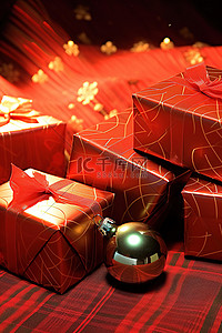 一些圣诞盒子和装饰品放在桌子上