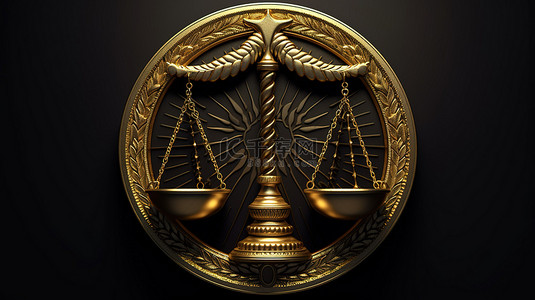 黑纸背景 3d 渲染上金箔正义尺度的浮雕符号设计