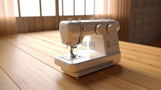 裁缝背景图片_现代木桌，配有 3D 渲染白色缝纫机