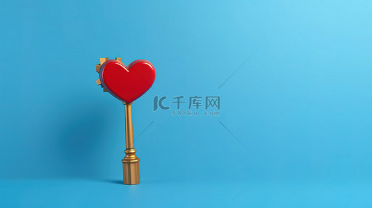 浪漫蓝色婚礼背景图片_金色的锤子悬停在极简蓝色背景上的红心形状上，非常适合情人节3D 渲染