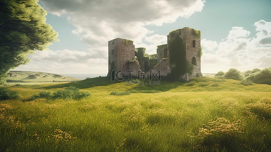童话城背景图片_一座废弃城堡的 3D 插图，在甘美的绿色草地上有石砖墙