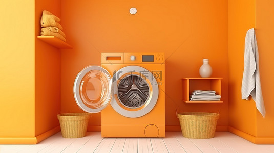 金色单色洗衣机，时尚橙色内饰 3D 图标必备家用电器