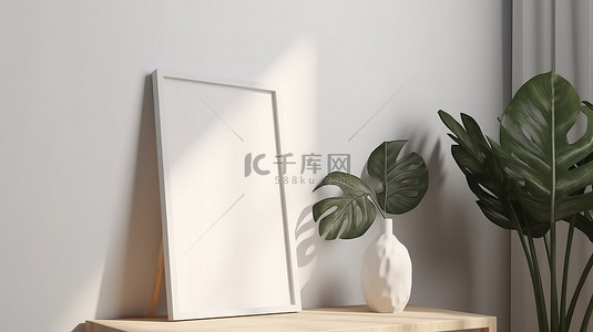 盆栽植物背景图片_白色墙壁旁边的普通框架模型，带有 3D 渲染的盆栽植物
