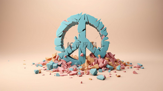 和平元素背景图片_和平符号在柔和的粉彩背景 3d 渲染上破碎成碎片与和平标志