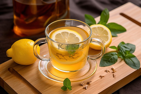 暴打柠檬茶背景图片_木板上的柠檬茶和绿茶