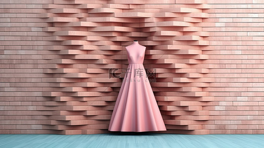 粉红色砖墙背景图片_粉红色木裙屏风的 3d 渲染，折叠在海蓝宝石砖墙背景下