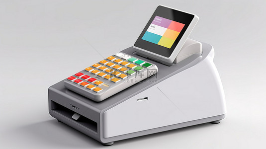 白色背景的 3D 渲染，带有空白卷现金带和银行终端收银机 pos 机用于付款