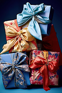 五个大礼品袋，上面铺着彩色丝带，放在蓝色布上