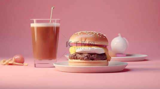 美式汉堡背景图片_美式早餐的最小 3d 插图，粉红色背景上有一个汉堡和一杯咖啡