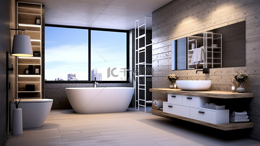 现代浴室设计中的时尚浴室家具 3D 渲染