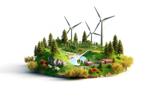 生态背景图片_生态友好的自然景观与山风力涡轮机树和白色背景可再生能源的 3D 插图