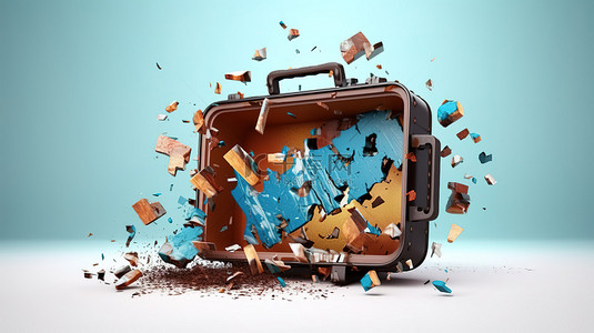 破裂的行李箱 部分拆除的手提箱的 3D 插图，碎片喷射