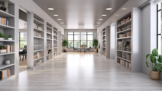 当代联合办公空间的 3D 渲染，配有白色办公桌木架和光滑的灰色地板