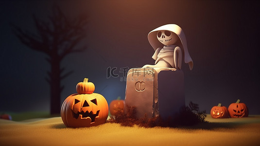 万圣节主题 3D 艺术幽灵鬼与杰克 O 灯笼头和墓碑