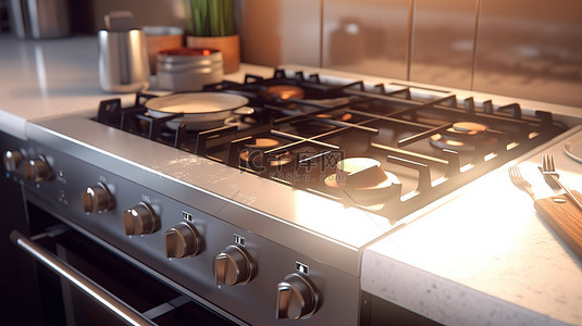 烤箱工具背景图片_使用 3D 渲染在阳光普照的烹饪空间中描绘带有厨房工具的现代电炉