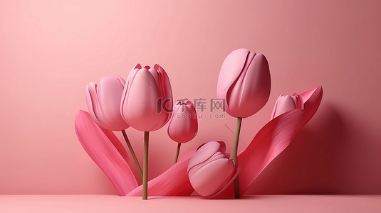 花草背景图片_具有极简主义风格的现代 3D 郁金香花 情人节或国际妇女节别致的粉红色场景