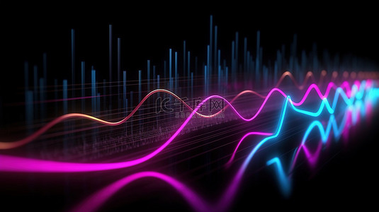 软焦点中的音乐线均衡器 3D 插图，黑色隔离背景上发光的粉色和蓝色线条
