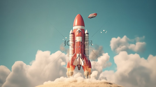 漂浮在创业主题背景中的红色太空火箭的 3D 插图