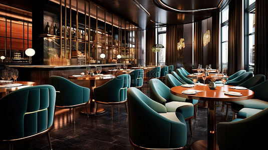 现代酒吧和餐厅，拥有华丽的装饰和 3D 渲染的时尚照明