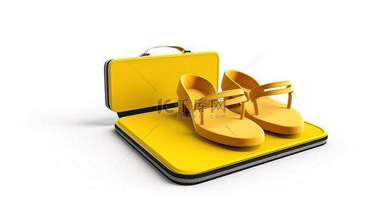 旅行社背景图片_带有黄色公文包信用卡和拖鞋的白色背景的 3D 渲染