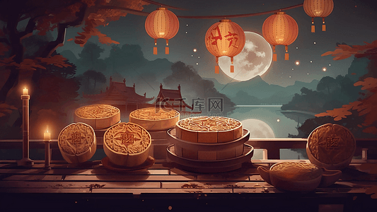 鲤鱼卡通背景图片_中秋节月亮月饼