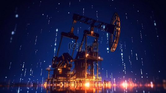 机械背景图片_夜间油田开发剪影油泵和石油工业设备的 3D 渲染