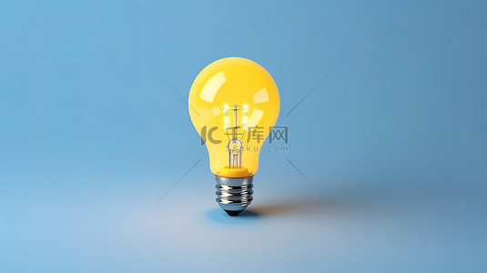 浅蓝色背景下白色和黄色灯泡的创新理念 3D 渲染