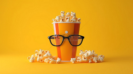 啤酒和零食是黄色背景下戴着 3D 眼镜的完美电影伴侣