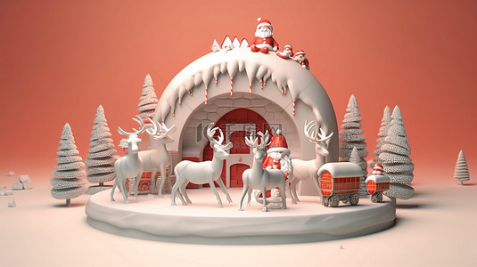 诚邀参加背景图片_节日乐趣圣诞老人和驯鹿在产品讲台上参加圣诞节庆祝活动 3D 渲染