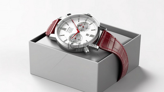 优雅的银色男士模拟手表从礼品盒中出现，白色背景 3D 渲染上带有红丝带
