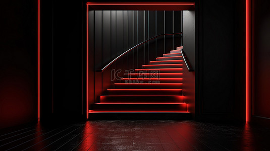 黑色抽象房间的 3d 渲染，楼梯开着门，楼梯上铺着明亮的红地毯