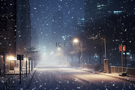 夜晚的城市街道上飘落着雪花