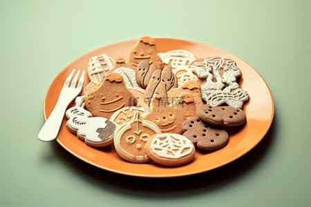 饼干曲奇背景图片_盘子里的万圣节饼干和其他糖果
