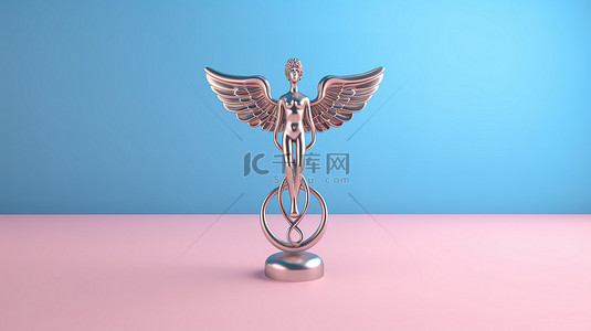 医疗符号背景图片_粉红色背景 3D 渲染的蓝色医疗杖符号的双色调模型