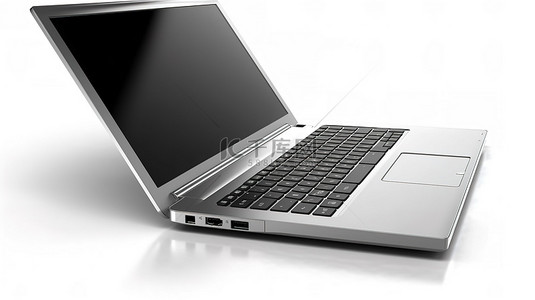 商务笔记本背景图片_用于办公用途的现代金属笔记本电脑或时尚的银色商务笔记本，通过 3D 插图在孤立的白色背景中描绘空白显示屏