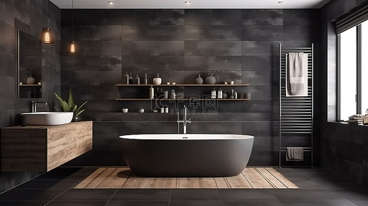 现代深色主题浴室，配有使用 3D 渲染创建的格子陶瓷墙