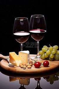 木板上的酒和奶酪杯